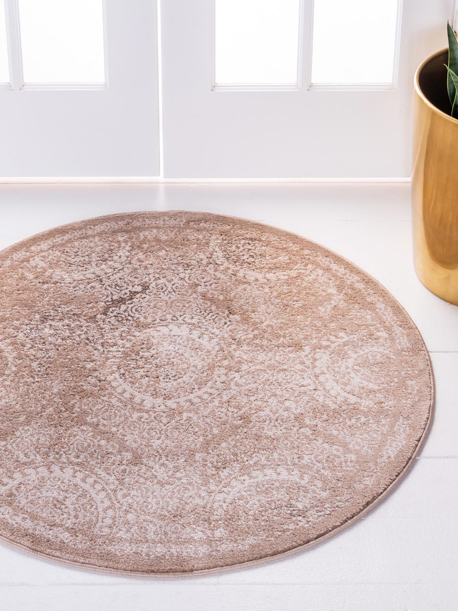 Beige 6' x 6' Leila Round Area Rug 85% Polypropylene & 15% Polyester Durable Traditional Carpet for Kitchens, Bedrooms, Living Rooms, Office for Sale at Rug Engine