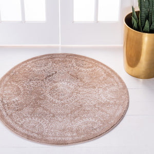 Beige 6' x 6' Leila Round Area Rug 85% Polypropylene & 15% Polyester Durable Traditional Carpet for Kitchens, Bedrooms, Living Rooms, Office for Sale at Rug Engine