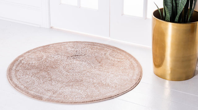 Beige 6' x 6' Leila Round Area Rug 85% Polypropylene & 15% Polyester Durable Traditional Carpet for Kitchens, Bedrooms, Living Rooms, Office for Sale at Rug Engine