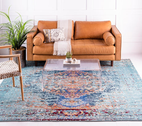 Turquoise 6' 1 x 6' 1 Vita Square Area Rug Colorful Vivid Vintage Style Modern Indoor Easy Clean Durable Carpet Mat for Home Interior Design for Sale at Rug Engine