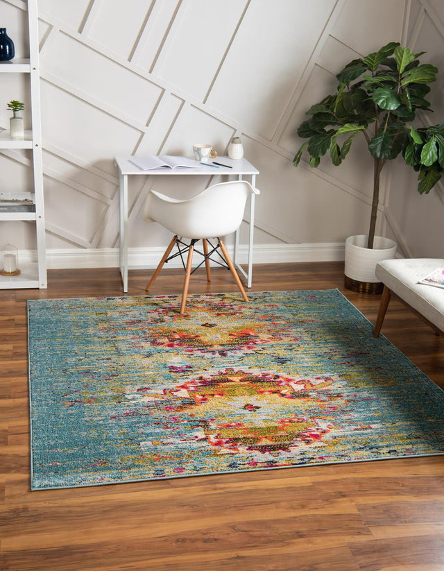 Turquoise 6' 1 x 6' 1 Vita Square Area Rug Colorful Vivid Vintage Style Modern Indoor Easy Clean Durable Carpet Mat for Home Interior Design for Sale at Rug Engine
