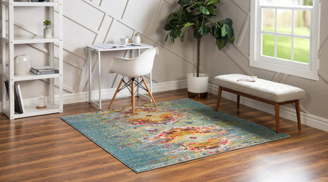 Turquoise 8' x 8' Vita Square Area Rug Colorful Vivid Vintage Style Modern Indoor Easy Clean Durable Carpet Mat for Home Interior Design for Sale at Rug Engine
