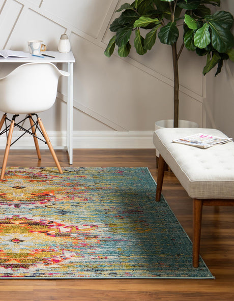 Turquoise 8' x 8' Vita Square Area Rug Colorful Vivid Vintage Style Modern Indoor Easy Clean Durable Carpet Mat for Home Interior Design for Sale at Rug Engine
