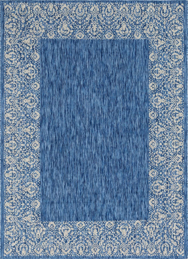 Blue 7' 1 x 10' Outdoor Border Rectangle Area Rug Weather Resistant for Patio, Deck, Terrace, Balcony, Porch 100% Polypropylene Classic Bordered Carpet for Sale at Rug Engine