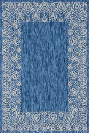 Blue 6' 1 x 9' Outdoor Border Rectangle Area Rug Weather Resistant for Patio, Deck, Terrace, Balcony, Porch 100% Polypropylene Classic Bordered Carpet for Sale at Rug Engine