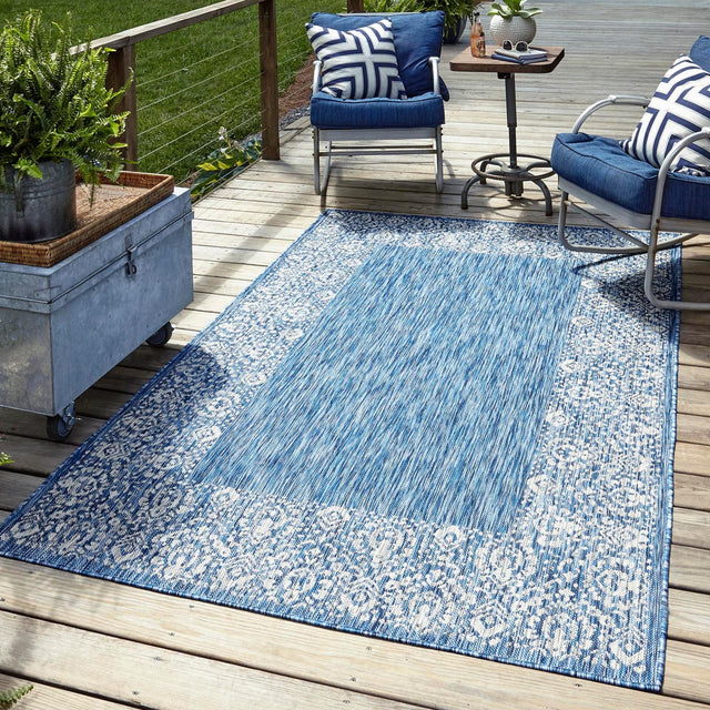 Blue 7' 10 x 11' Outdoor Border Rectangle Area Rug Weather Resistant for Patio, Deck, Terrace, Balcony, Porch