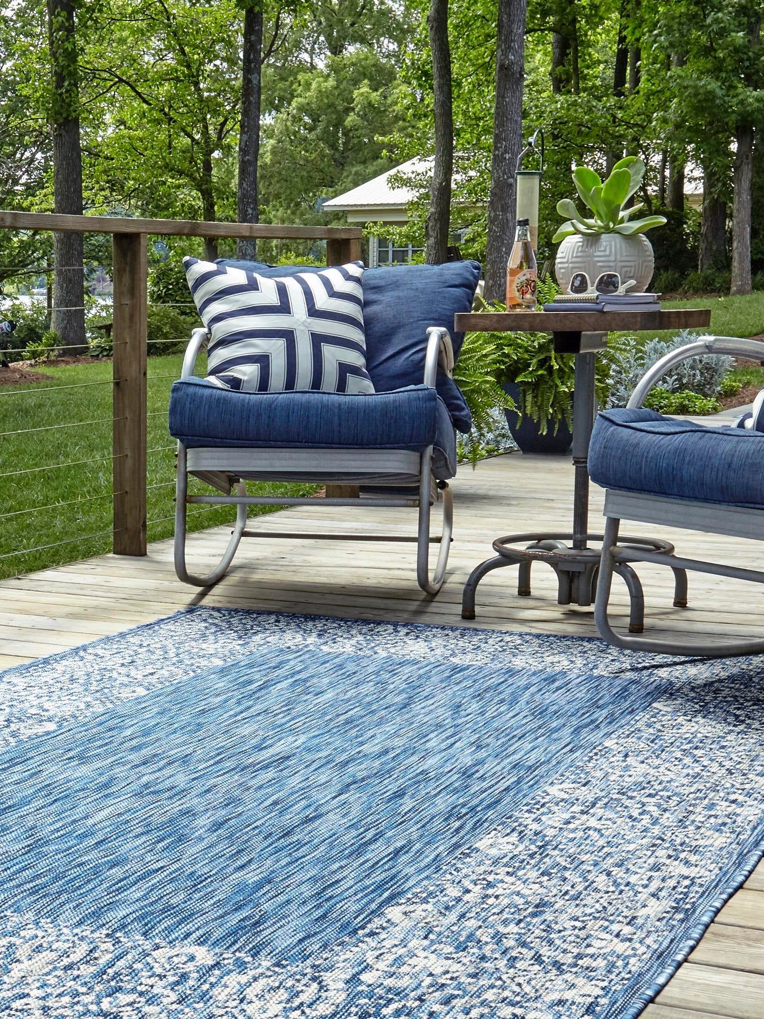 Blue 7' 1 x 10' Outdoor Border Rectangle Area Rug Weather Resistant for Patio, Deck, Terrace, Balcony, Porch 100% Polypropylene Classic Bordered Carpet for Sale at Rug Engine