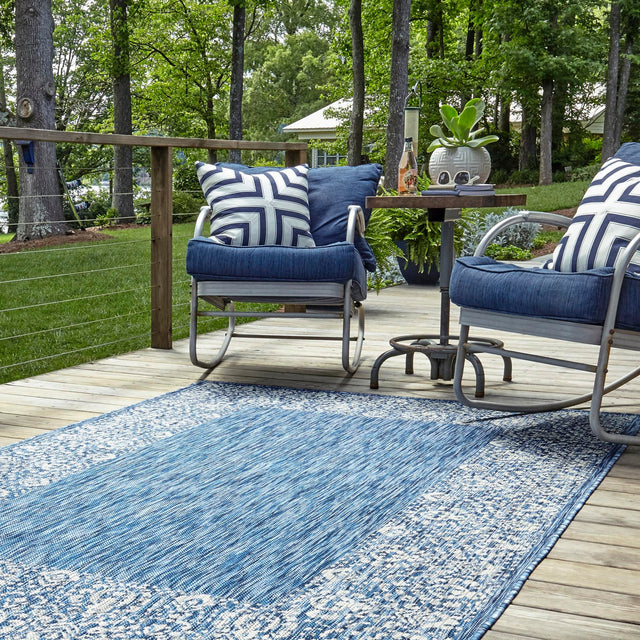 Blue 7' 10 x 11' Outdoor Border Rectangle Area Rug Weather Resistant for Patio, Deck, Terrace, Balcony, Porch