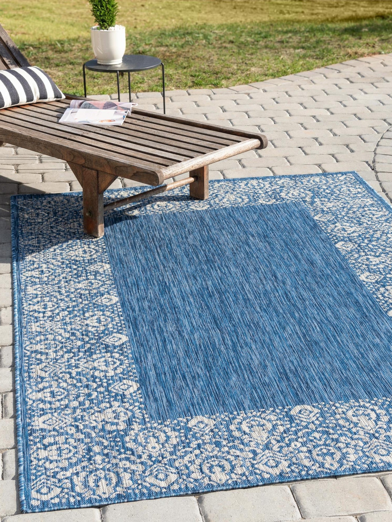 Blue 7' 1 x 10' Outdoor Border Rectangle Area Rug Weather Resistant for Patio, Deck, Terrace, Balcony, Porch 100% Polypropylene Classic Bordered Carpet for Sale at Rug Engine