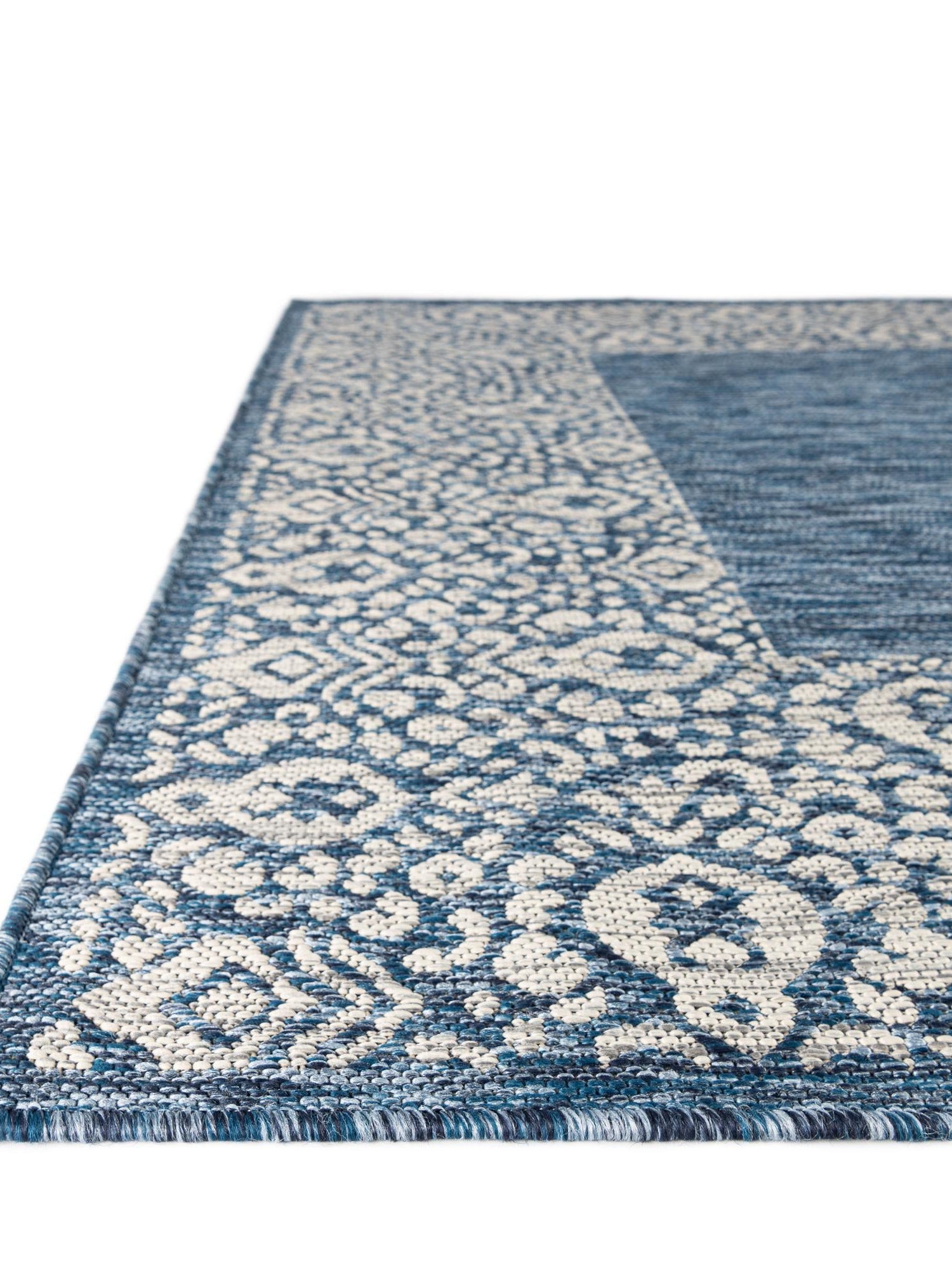 Blue 9' x 12' Outdoor Border Rectangle Area Rug Weather Resistant for Patio, Deck, Terrace, Balcony, Porch 100% Polypropylene Classic Bordered Carpet for Sale at Rug Engine