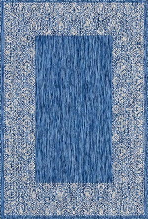 Blue 4' 1 x 6' 1 Outdoor Border Rectangle Area Rug Weather Resistant for Patio, Deck, Terrace, Balcony, Porch 100% Polypropylene Classic Bordered Carpet for Sale at Rug Engine