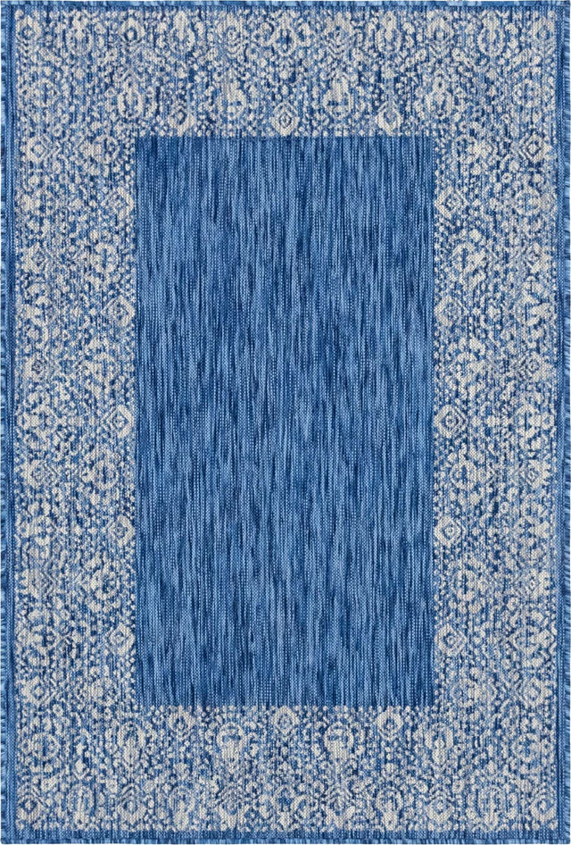 Blue 4' 1 x 6' 1 Outdoor Border Rectangle Area Rug Weather Resistant for Patio, Deck, Terrace, Balcony, Porch 100% Polypropylene Classic Bordered Carpet for Sale at Rug Engine