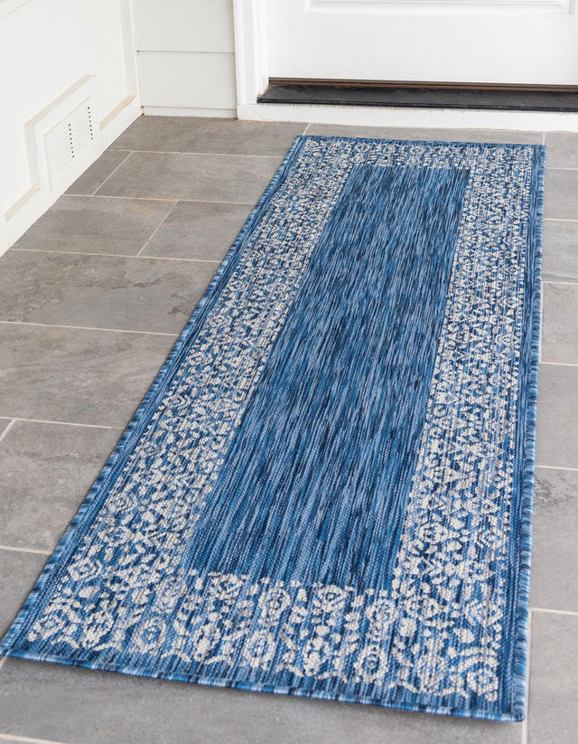 Blue 2' x 6' 1 Outdoor Border Runner Area Rug Weather Resistant for Patio, Deck, Terrace, Balcony, Porch 100% Polypropylene Classic Bordered Carpet for Sale at Rug Engine