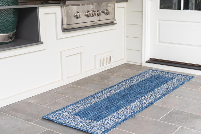 Blue 2' x 6' 1 Outdoor Border Runner Area Rug Weather Resistant for Patio, Deck, Terrace, Balcony, Porch 100% Polypropylene Classic Bordered Carpet for Sale at Rug Engine