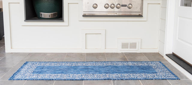 Blue 2' x 6' 1 Outdoor Border Runner Area Rug Weather Resistant for Patio, Deck, Terrace, Balcony, Porch 100% Polypropylene Classic Bordered Carpet for Sale at Rug Engine