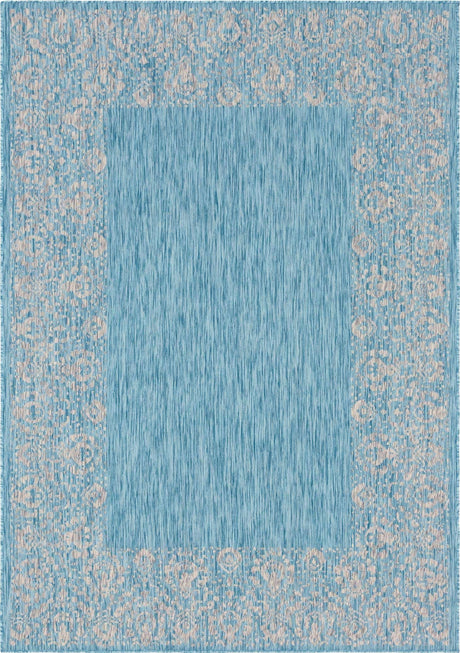 Aqua 7' 1 x 10' Outdoor Border Rectangle Rug