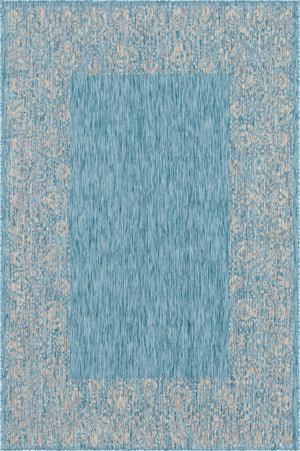 Aqua 6' 1 x 9' Outdoor Border Rectangle Area Rug Weather Resistant for Patio, Deck, Terrace, Balcony, Porch 100% Polypropylene Classic Bordered Carpet for Sale at Rug Engine