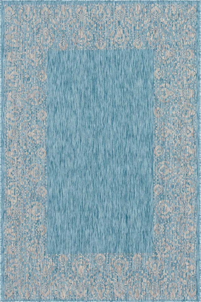 Aqua 6' 1 x 9' Outdoor Border Rectangle Area Rug Weather Resistant for Patio, Deck, Terrace, Balcony, Porch 100% Polypropylene Classic Bordered Carpet for Sale at Rug Engine