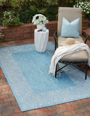 Aqua 9' x 12' Outdoor Border Rectangle Area Rug Weather Resistant for Patio, Deck, Terrace, Balcony, Porch 100% Polypropylene Classic Bordered Carpet for Sale at Rug Engine