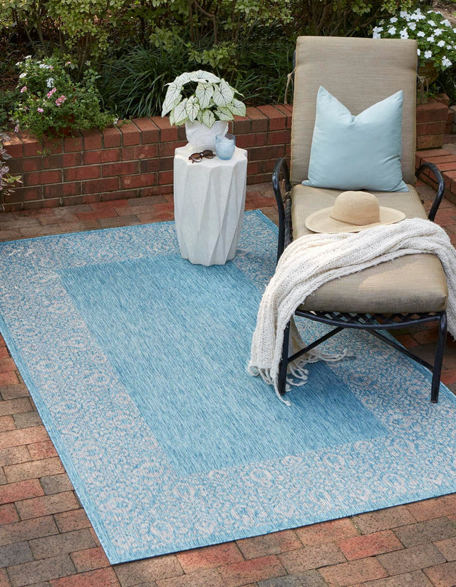 Aqua 9' x 12' Outdoor Border Rectangle Area Rug Weather Resistant for Patio, Deck, Terrace, Balcony, Porch 100% Polypropylene Classic Bordered Carpet for Sale at Rug Engine