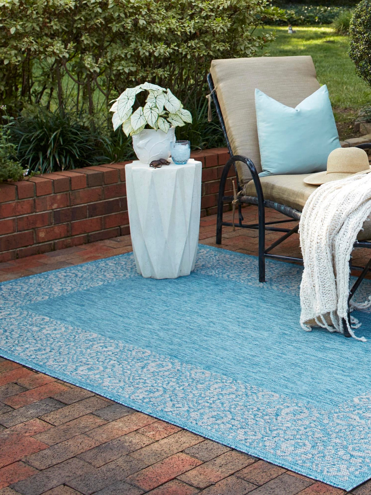 Aqua 6' 1 x 9' Outdoor Border Rectangle Area Rug Weather Resistant for Patio, Deck, Terrace, Balcony, Porch 100% Polypropylene Classic Bordered Carpet for Sale at Rug Engine