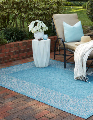 Aqua 4' 1 x 6' 1 Outdoor Border Rectangle Area Rug Weather Resistant for Patio, Deck, Terrace, Balcony, Porch 100% Polypropylene Classic Bordered Carpet for Sale at Rug Engine