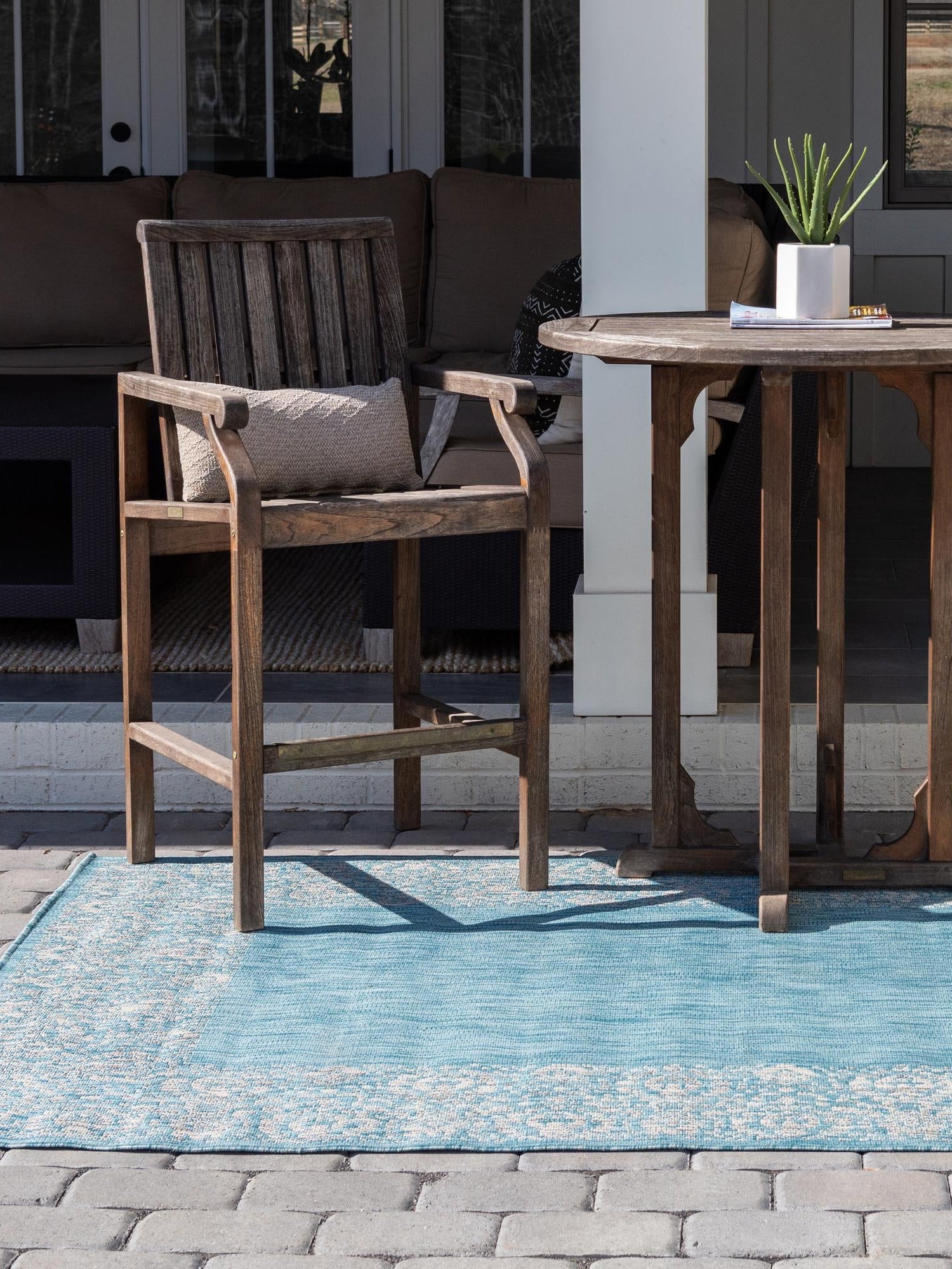 Aqua 7' 1 x 10' Outdoor Border Rectangle Area Rug Weather Resistant for Patio, Deck, Terrace, Balcony, Porch 100% Polypropylene Classic Bordered Carpet for Sale at Rug Engine