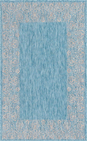 Aqua 5' 3 x 8' Outdoor Border Rectangle Area Rug Weather Resistant for Patio, Deck, Terrace, Balcony, Porch 100% Polypropylene Classic Bordered Carpet for Sale at Rug Engine
