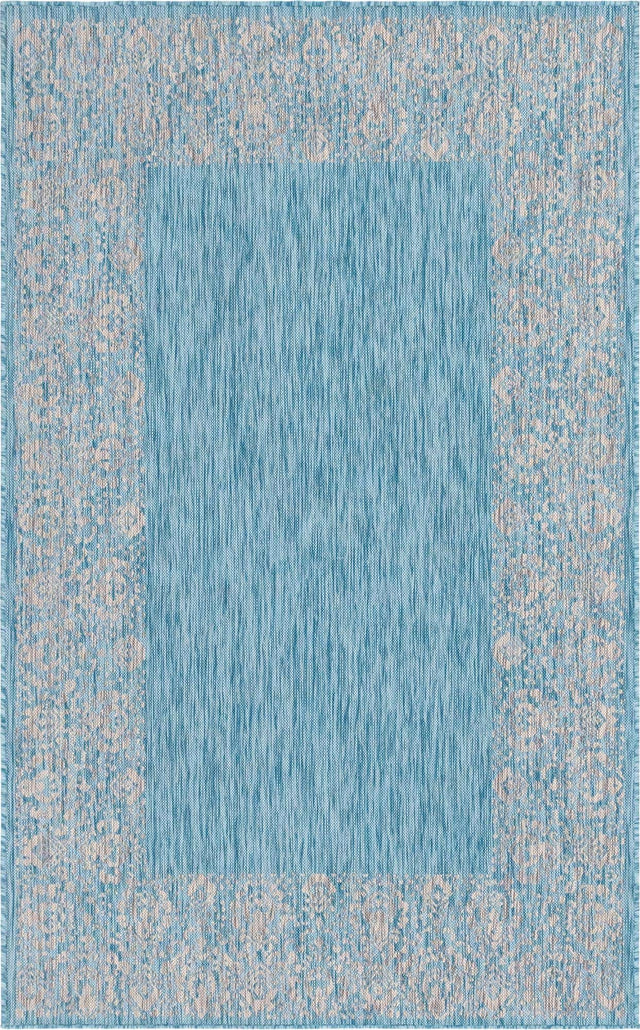 Aqua 5' 3 x 8' Outdoor Border Rectangle Area Rug Weather Resistant for Patio, Deck, Terrace, Balcony, Porch 100% Polypropylene Classic Bordered Carpet for Sale at Rug Engine