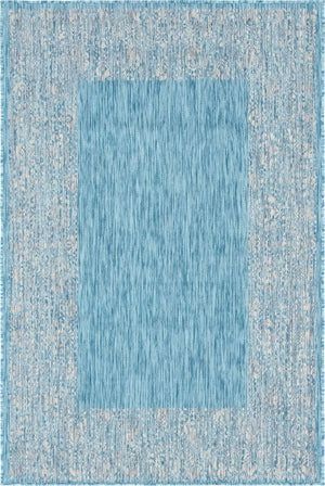 Aqua 4' 1 x 6' 1 Outdoor Border Rectangle Area Rug Weather Resistant for Patio, Deck, Terrace, Balcony, Porch 100% Polypropylene Classic Bordered Carpet for Sale at Rug Engine