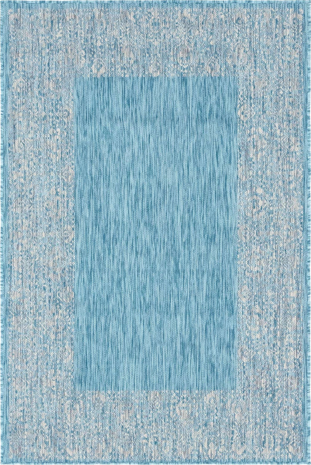 Aqua 4' 1 x 6' 1 Outdoor Border Rectangle Area Rug Weather Resistant for Patio, Deck, Terrace, Balcony, Porch 100% Polypropylene Classic Bordered Carpet for Sale at Rug Engine