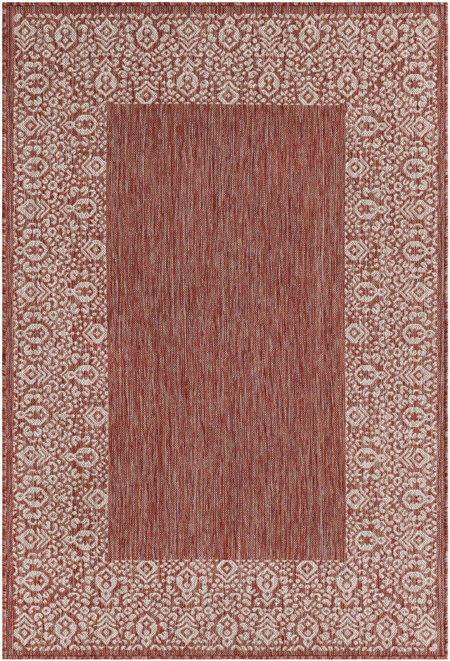 Rust Red 4' 1 x 6' 1 Outdoor Border Rectangle Area Rug Weather Resistant for Patio, Deck, Terrace, Balcony, Porch 100% Polypropylene Classic Bordered Carpet for Sale at Rug Engine