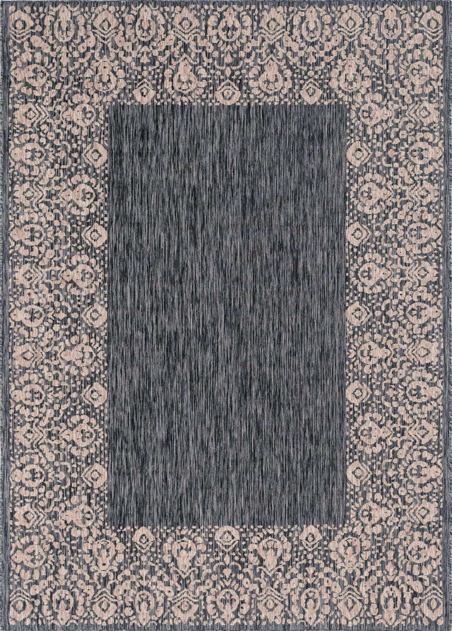 Charcoal Gray 7' 1 x 10' Outdoor Border Rectangle Area Rug Weather Resistant for Patio, Deck, Terrace, Balcony, Porch 100% Polypropylene Classic Bordered Carpet for Sale at Rug Engine