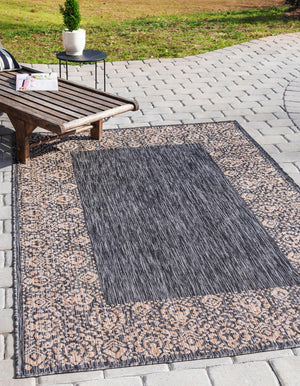 Charcoal Gray 7' 1 x 10' Outdoor Border Rectangle Area Rug Weather Resistant for Patio, Deck, Terrace, Balcony, Porch 100% Polypropylene Classic Bordered Carpet for Sale at Rug Engine