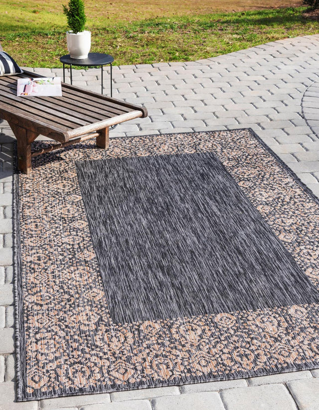 Charcoal Gray 5' 3 x 8' Outdoor Border Rectangle Area Rug Weather Resistant for Patio, Deck, Terrace, Balcony, Porch 100% Polypropylene Classic Bordered Carpet for Sale at Rug Engine