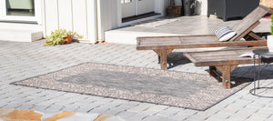 Charcoal Gray 7' 1 x 10' Outdoor Border Rectangle Area Rug Weather Resistant for Patio, Deck, Terrace, Balcony, Porch 100% Polypropylene Classic Bordered Carpet for Sale at Rug Engine
