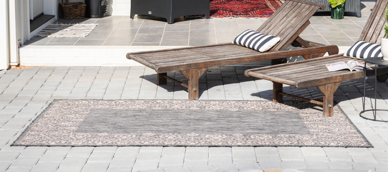 Charcoal Gray 9' x 12' Outdoor Border Rectangle Area Rug Weather Resistant for Patio, Deck, Terrace, Balcony, Porch 100% Polypropylene Classic Bordered Carpet for Sale at Rug Engine