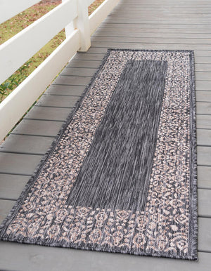 Charcoal Gray 2' x 6' 1 Outdoor Border Runner Area Rug Weather Resistant for Patio, Deck, Terrace, Balcony, Porch 100% Polypropylene Classic Bordered Carpet for Sale at Rug Engine