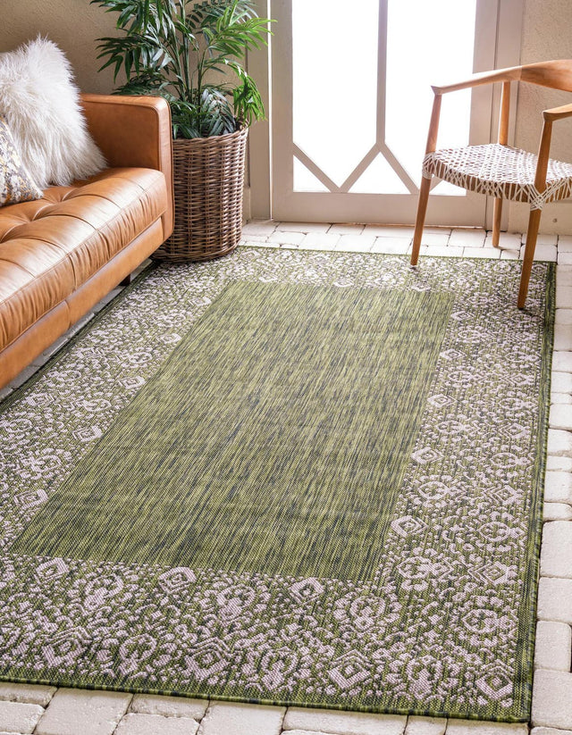 Green 3' 1 x 5' 3 Outdoor Border Rectangle Area Rug Weather Resistant for Patio, Deck, Terrace, Balcony, Porch 100% Polypropylene Classic Bordered Carpet for Sale at Rug Engine