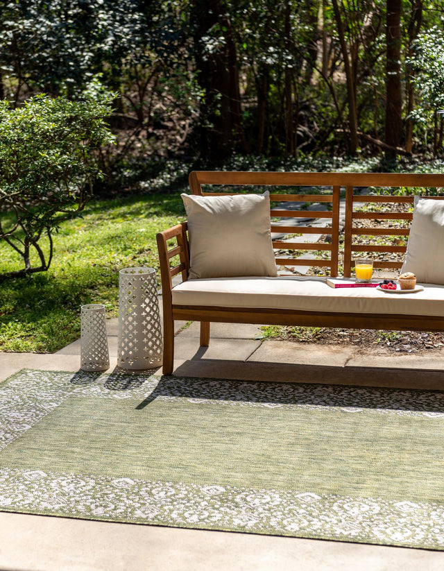 Green 3' 1 x 5' 3 Outdoor Border Rectangle Area Rug Weather Resistant for Patio, Deck, Terrace, Balcony, Porch 100% Polypropylene Classic Bordered Carpet for Sale at Rug Engine