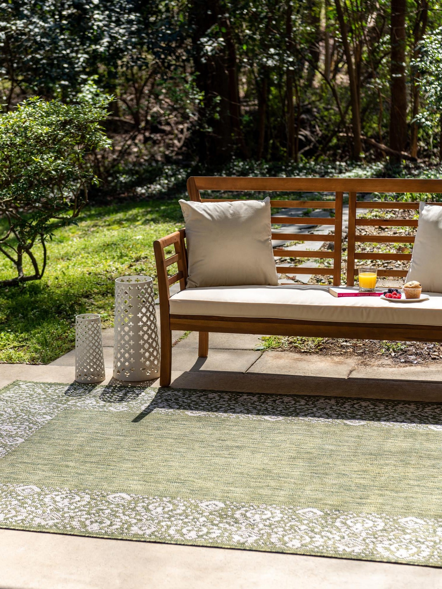 Green 4' 1 x 6' 1 Outdoor Border Rectangle Area Rug Weather Resistant for Patio, Deck, Terrace, Balcony, Porch 100% Polypropylene Classic Bordered Carpet for Sale at Rug Engine