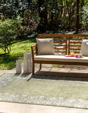 Green 10' x 13' 1 Outdoor Border Rectangle Area Rug Weather Resistant for Patio, Deck, Terrace, Balcony, Porch 100% Polypropylene Classic Bordered Carpet for Sale at Rug Engine
