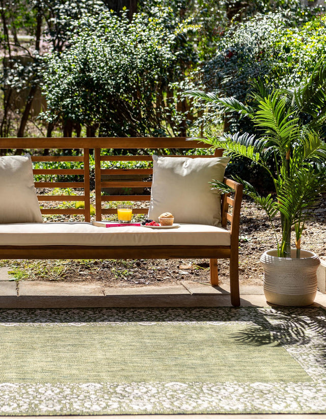 Green 10' x 13' 1 Outdoor Border Rectangle Area Rug Weather Resistant for Patio, Deck, Terrace, Balcony, Porch 100% Polypropylene Classic Bordered Carpet for Sale at Rug Engine