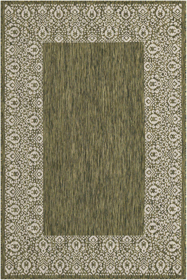 Green 5' 3 x 8' Outdoor Border Rectangle Area Rug Weather Resistant for Patio, Deck, Terrace, Balcony, Porch 100% Polypropylene Classic Bordered Carpet for Sale at Rug Engine