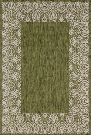 Green 4' 1 x 6' 1 Outdoor Border Rectangle Area Rug Weather Resistant for Patio, Deck, Terrace, Balcony, Porch 100% Polypropylene Classic Bordered Carpet for Sale at Rug Engine