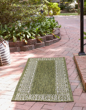Green 2' x 6' 1 Outdoor Border Runner Area Rug Weather Resistant for Patio, Deck, Terrace, Balcony, Porch 100% Polypropylene Classic Bordered Carpet for Sale at Rug Engine