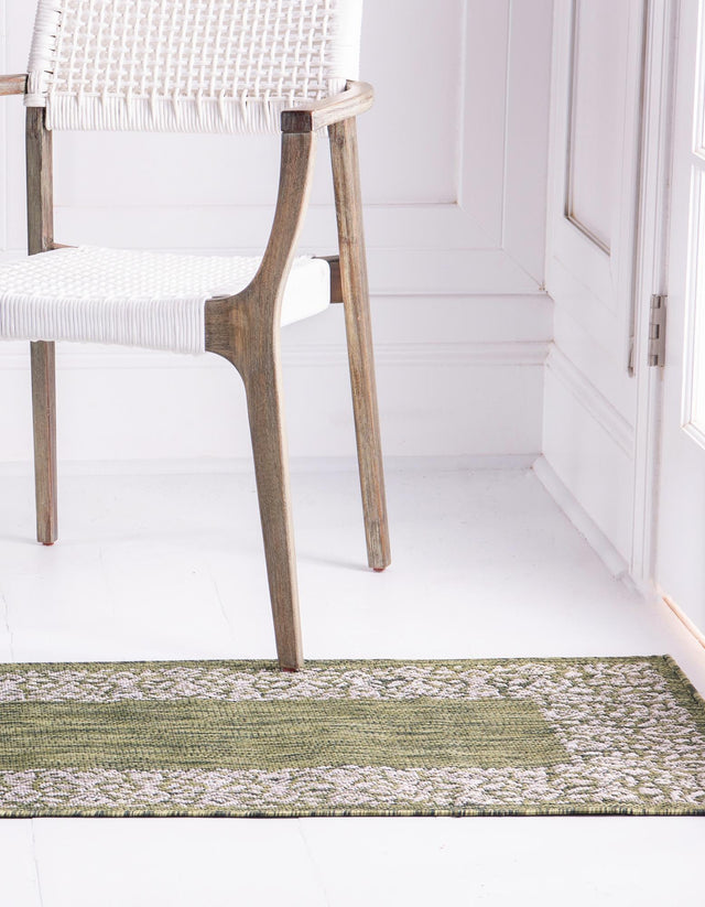 Green 2' x 6' 1 Outdoor Border Runner Area Rug Weather Resistant for Patio, Deck, Terrace, Balcony, Porch 100% Polypropylene Classic Bordered Carpet for Sale at Rug Engine