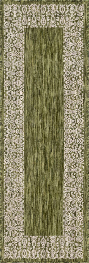 Green 2' x 6' 1 Outdoor Border Runner Area Rug Weather Resistant for Patio, Deck, Terrace, Balcony, Porch 100% Polypropylene Classic Bordered Carpet for Sale at Rug Engine
