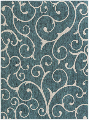 Teal 9' x 12' Outdoor Botanical Rectangle Area Rug Weather Resistant for Patio, Deck, Terrace, Balcony, Porch Polypropylene Garden Floral Tropical Carpet for Sale at Rug Engine