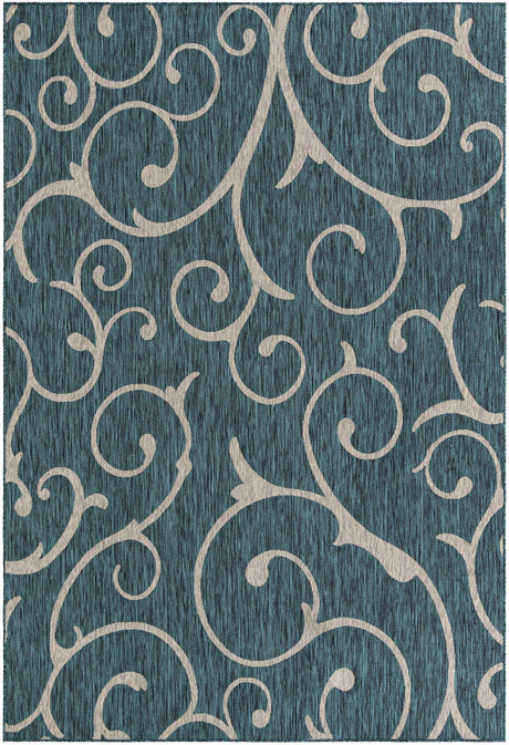 Teal 7' 10 x 11' Outdoor Botanical Rectangle Area Rug Weather Resistant for Patio, Deck, Terrace, Balcony, Porch